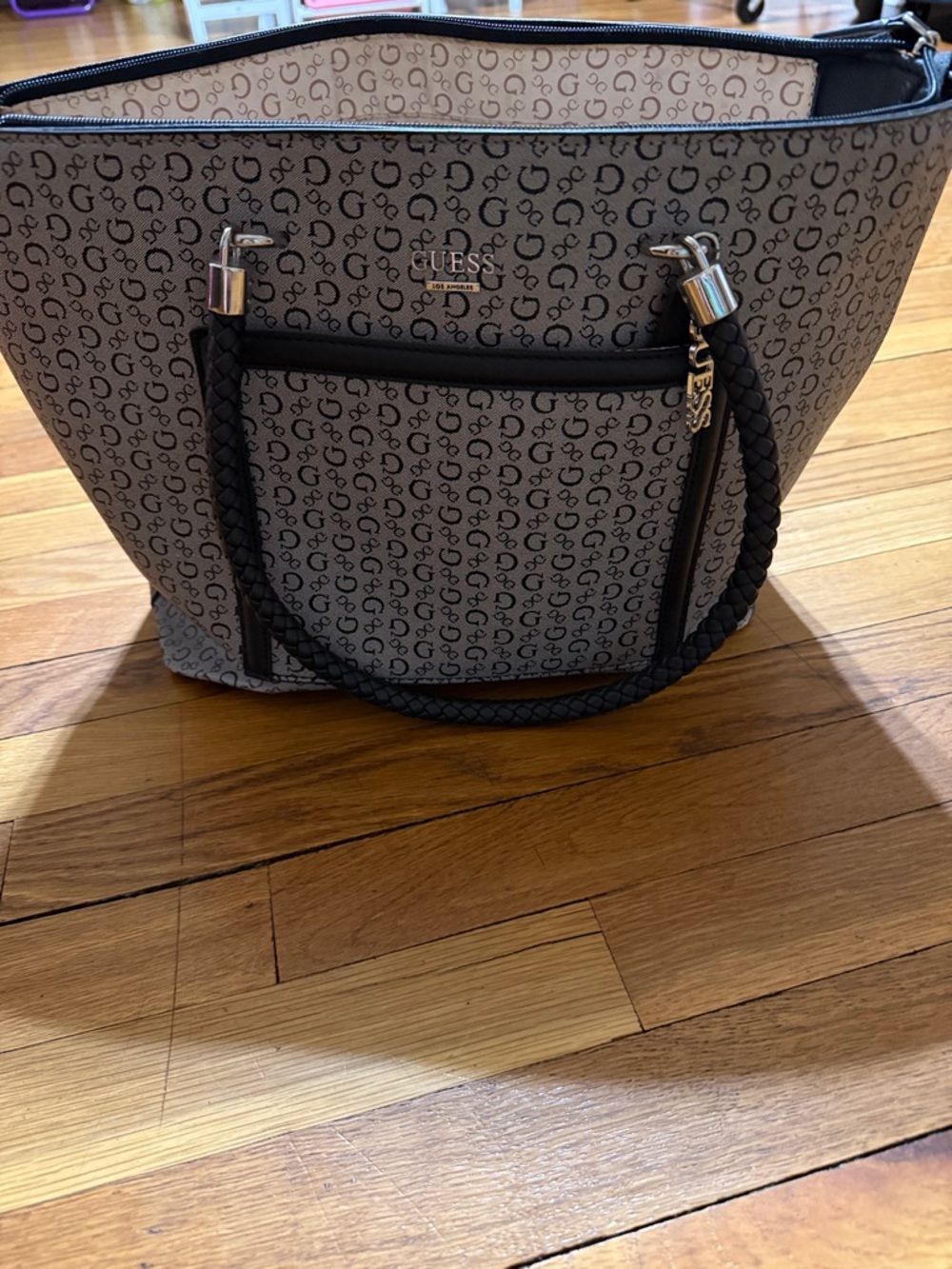 GUESS Beige Monogram Tote with Black Braided Handles Gray